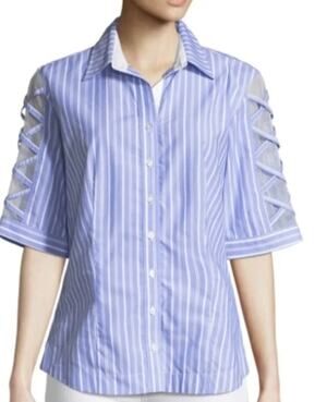 Finley Womens XS Blue White Stripe Silk Mesh Button Up Dress Shirt